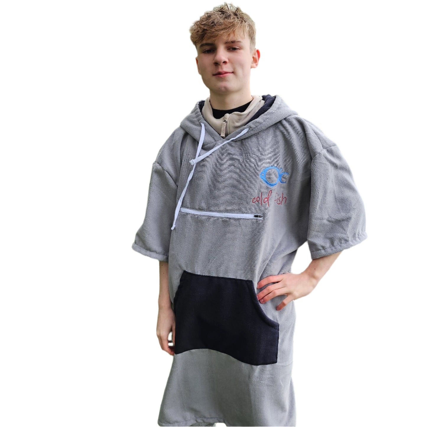 Towel Poncho Grey Black Unisex Cold Fish Cold water Swimming Dipping Surfing