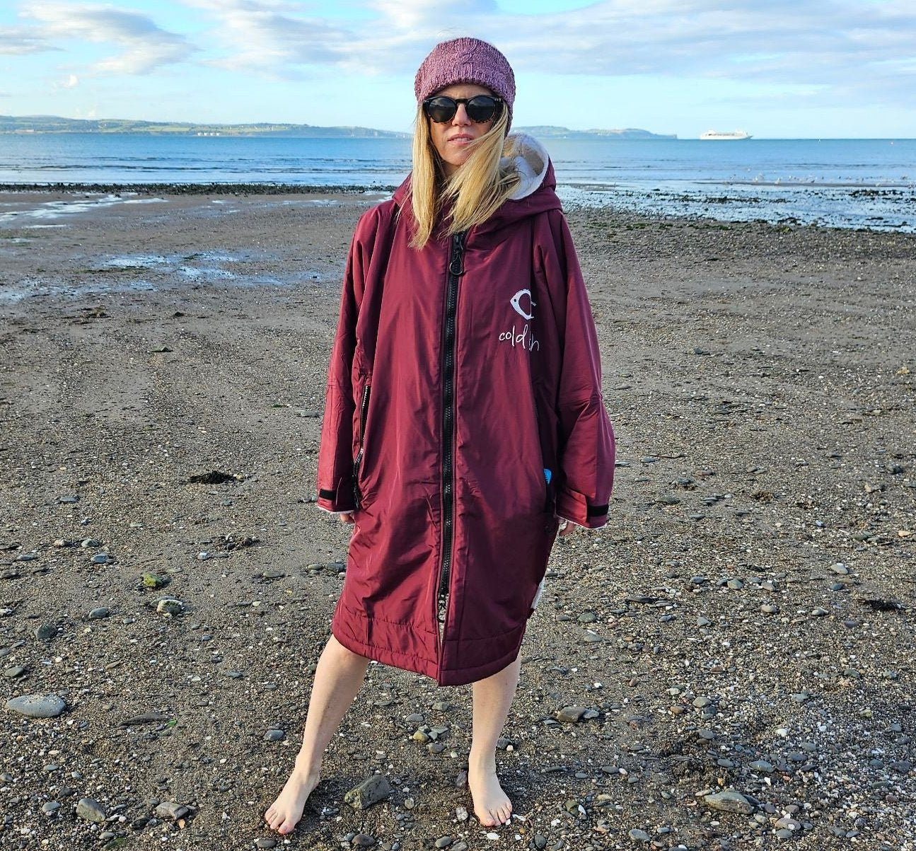 Cold Fish Cold water Swimming Dipping Surfing Changing Robe Burgundy Red Ivory Adult