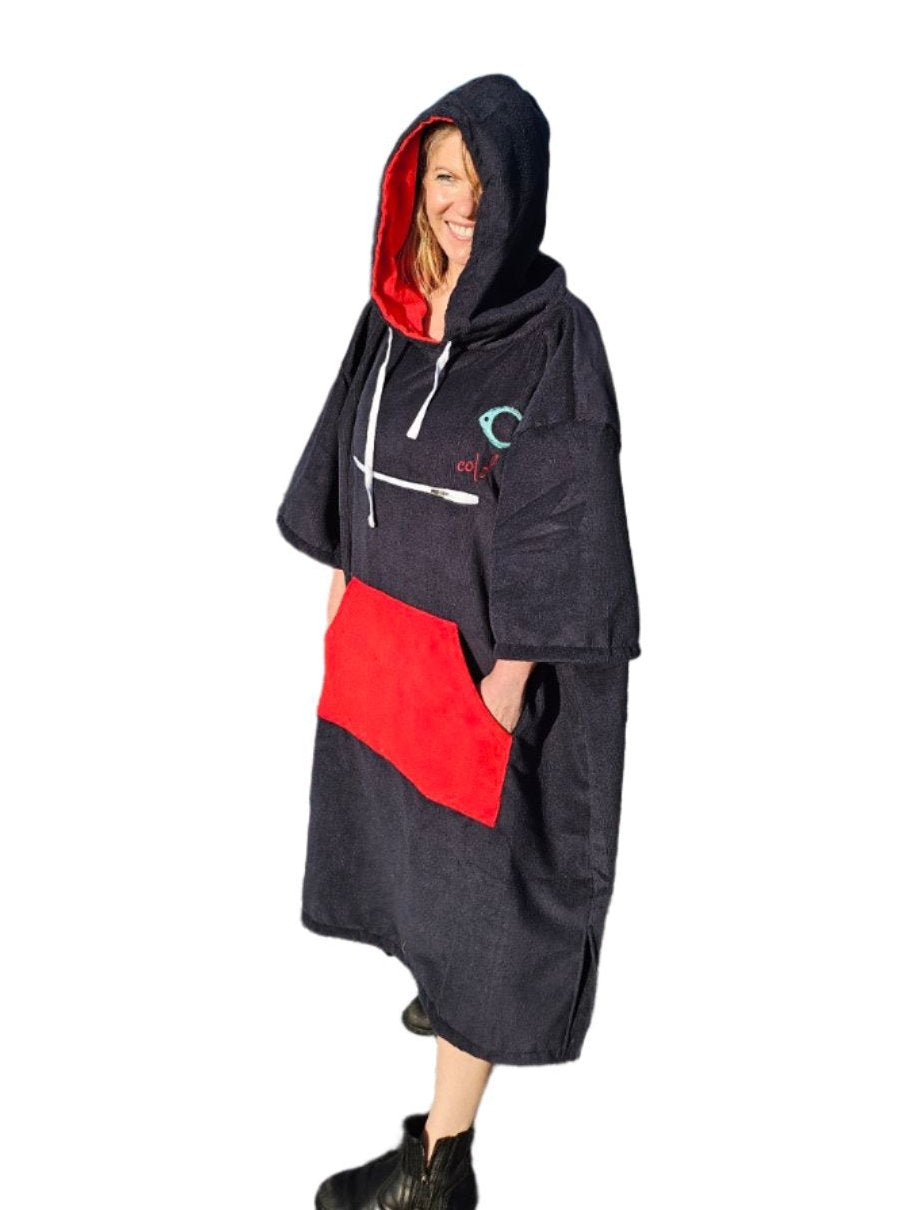 Towel Poncho Black Red Unisex Cold Fish Cold water Swimming Dipping Surfing